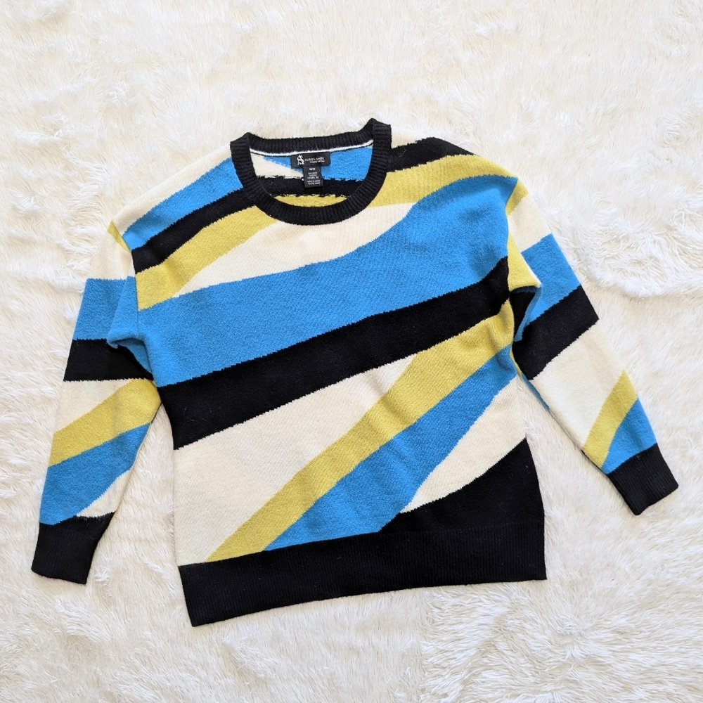Alison Sheri Abstract Striped Acrylic Sweater Black/Blue/Lime/White Medium